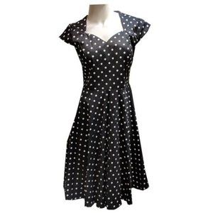 Vintage 50s Audrey Hepburn Style Polka Dots Women's Petite Dress in Black
